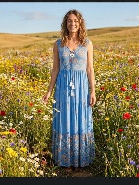 Blue Tiered Maxi Dress M Moroccan Print Sleeveless Cottagecore